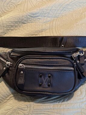 Spark*l Bands Black Leather Belt Bag with Upcycled LV logo patch